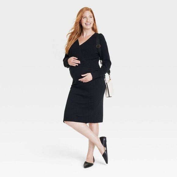 Open Box - Long Sleeve Midi Maternity Sweater Dress - Isabel  Black - Picture 3 of 4